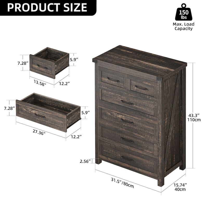 Moasis Rustic 6-drawer Chest Vertical Dresser Storage Tower