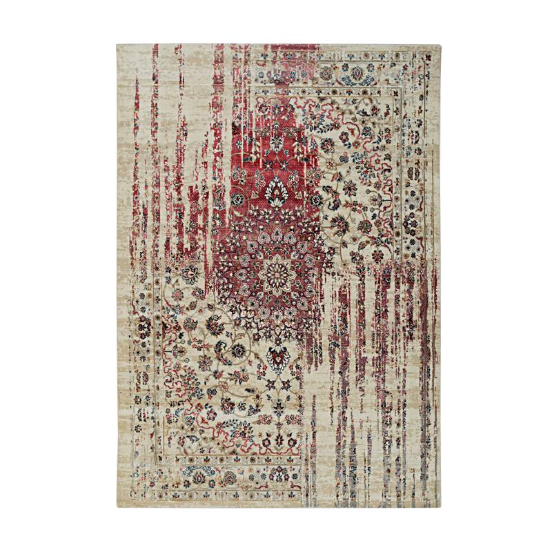 Ivory and Red Contemporary Modern Hand-Crafted Area Rug - Stylish and Elegant Design - 5' x 8'