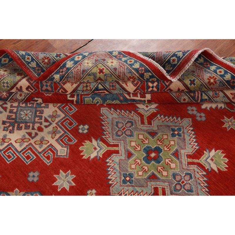 Hand Knotted Oriental 100% Wool Carpet Traditional Geometric Red Kazak Area Rug - 12' 9'' X 9' 11''