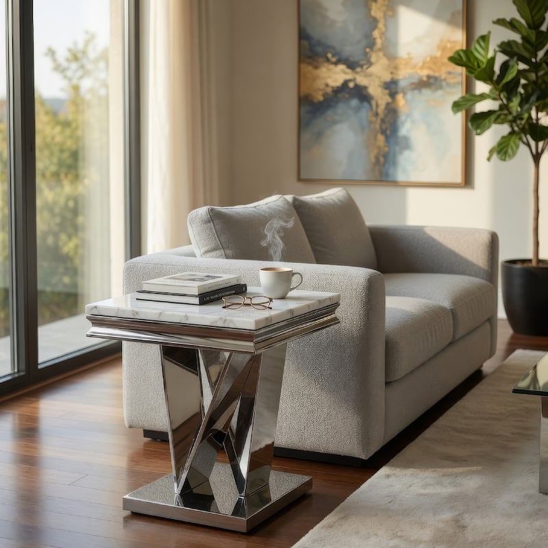 Vily Side End Table, 24 Inch Faux Marble Top, V-Style Chrome Pedestal