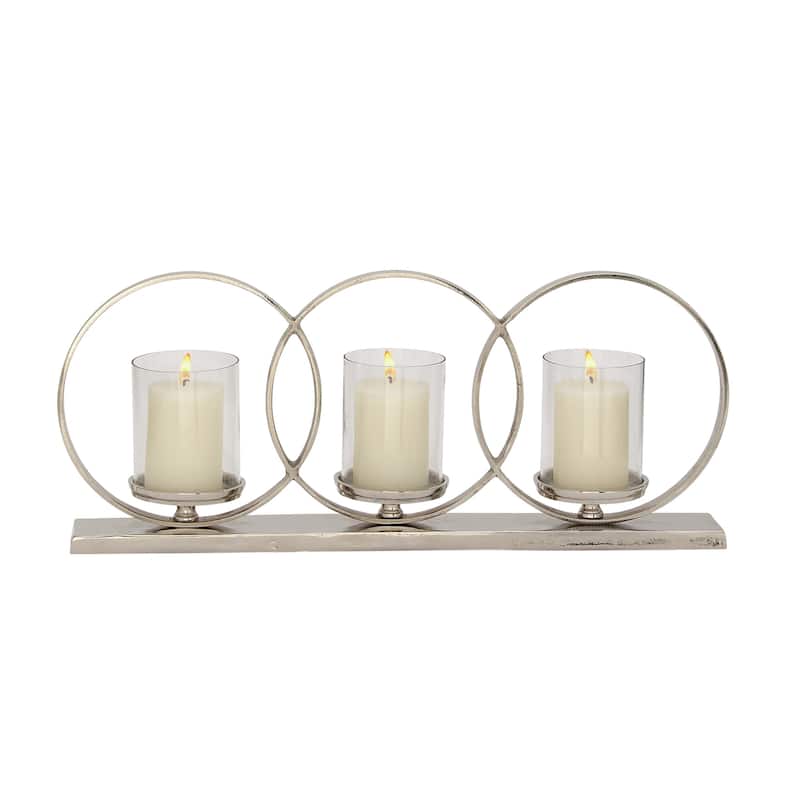 Aluminum Metal Geometric Overlapping Rings Pillar 3 Plate Candelabra - Silver - Roche River Decor - 5"W x 26"L x 11"H