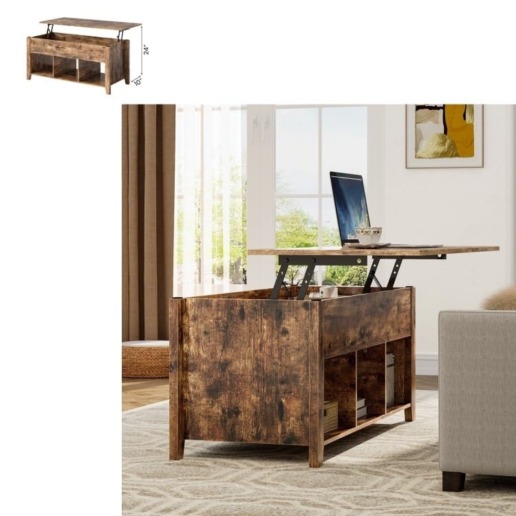 Modern Wood Lift Top Coffee Table with 3 Open Storage Shelves and Iron Legs for Daily Use