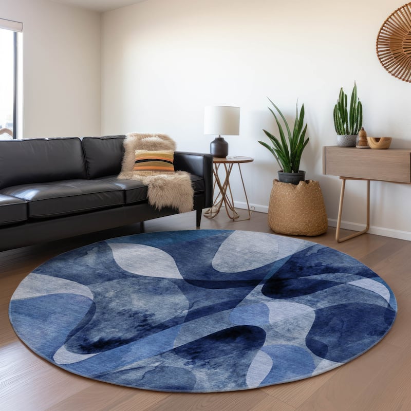 Premium Washable Super Soft Abstract Contemporary Mayfield Rug - Navy - 8' x 8' - Round