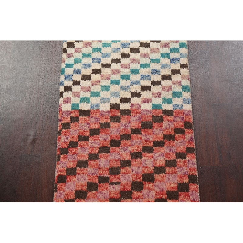 Modern Checkered Moroccan Oriental Wool Runner Rug Hand-knotted Carpet - 2'11" x 12'10"