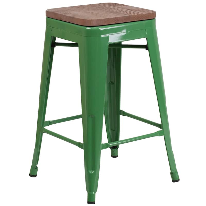24" High Backless Metal Counter Height Stool with Square Wood Seat - Green