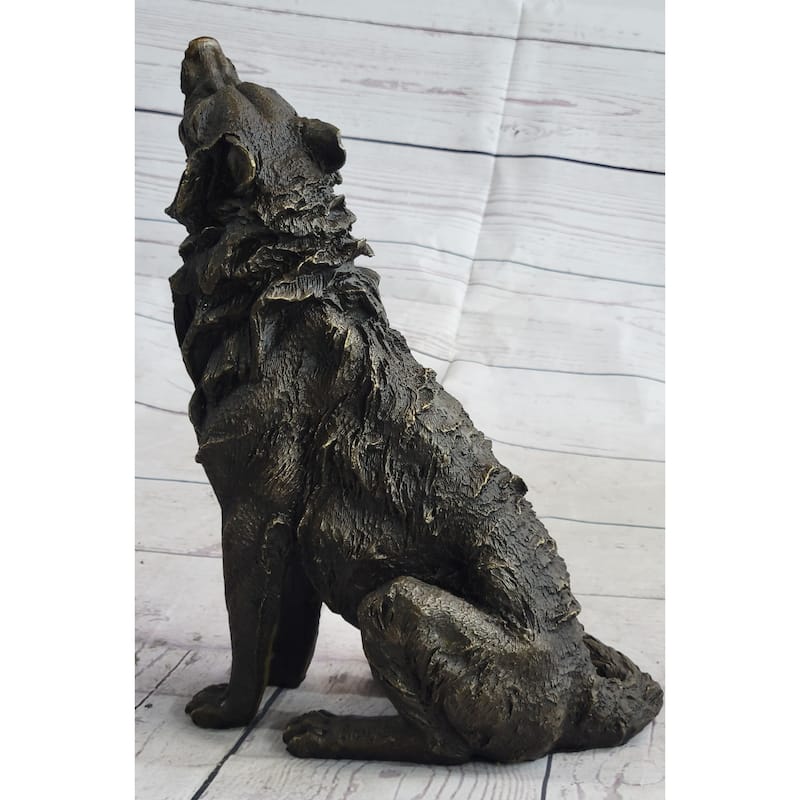 Wolf Howling At The Moon Bronze Statue Sculpture Figurine Signed Art 11 Inches X 12 Inches