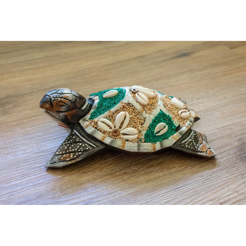 Wooden Tortoise Turtle Home Decor Sculpture Statue Wall Hanging Handmade Seaside Tropical Nautical Ocean Coastal - Green - 8" long x 5" wide x 2.5" tall