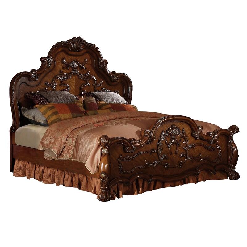 Rosy Four Piece Queen Bedroom Set, Raised Inlay Moldings, Cherry Oak Brown