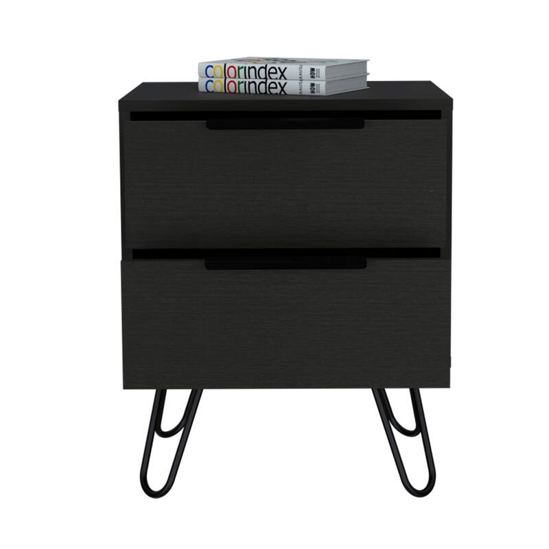 Modern Black Wengue Nightstand, 2 Drawers with Hairpin Legs, Compact and Stylish Design, 13.7"x17.71"x22.44"