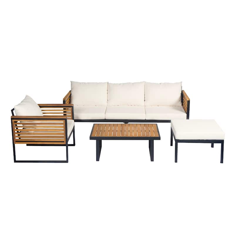 3-Piece Outdoor Patio Furniture Set with Wood Frame and Cushioned Seating, Industrial Style Sofa Set with Table and Ottomans