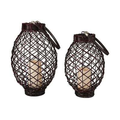 Elements 2-Piece Dark Brown Wicker LED Lantern Set