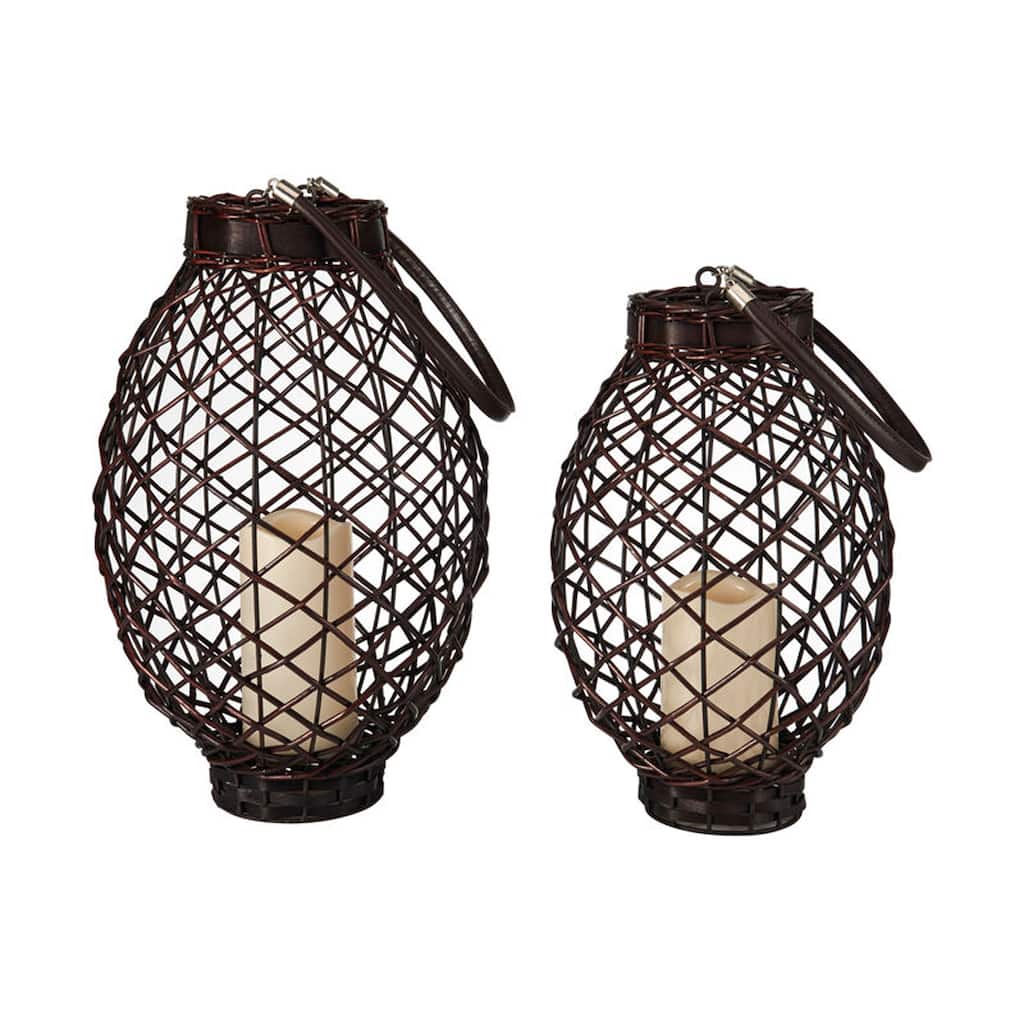 Elements 2-Piece Dark Brown Wicker LED Lantern Set