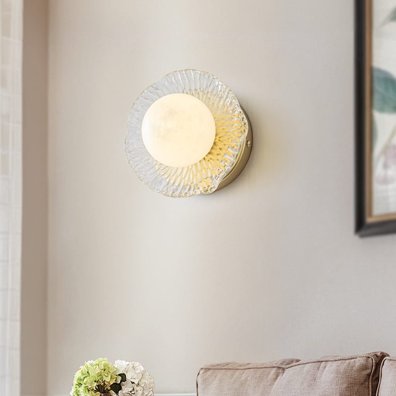 Gold Lotus Leaf Textured Glass Plate Wall Sconce Moon Globe Lampshade - 1-Light