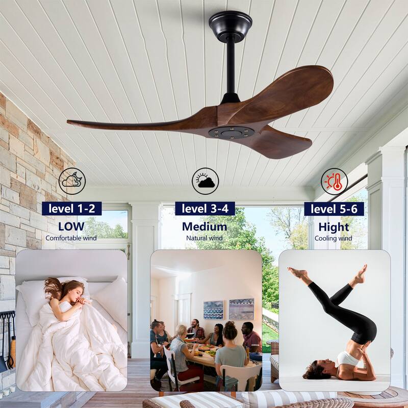 42" Solid Wood Ceiling Fan, Outdoor, 3 Blade, No Light, for Patio Living Room Bedroom Porch, Remote Control, Water Resistant
