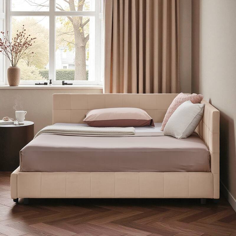 Full Size Velvet Upholstered Tufted Daybed Frame with Backrest and Armrest, Mid-Century Sofa Bed for Bedroom or Living Room