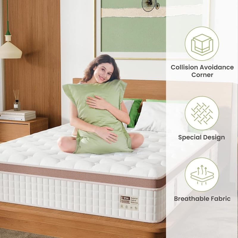 Roomfitters 14 Inch Full/Queen Hybrid Mattress, Firm Gel Memory Foam and Pocket Spring Bed for Pressure Relief, White