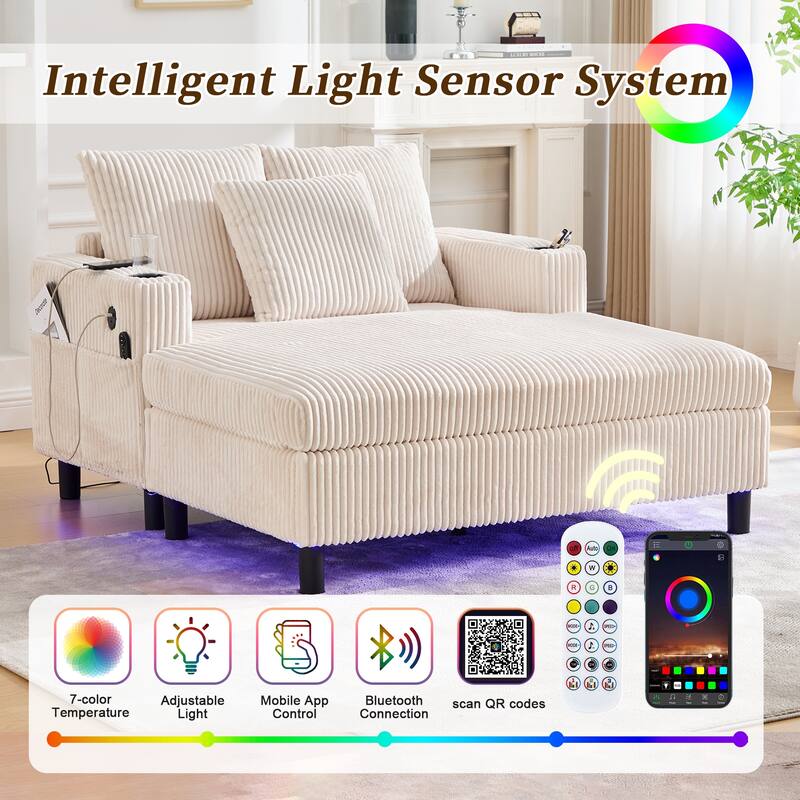 Corduroy Recliner Sofa - Oversized Deep Seat with USB, RGB Lights, Cup Holder & Side Pocket - Living Room, Bedroom