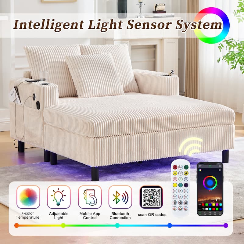 HOMEFUN Corduroy Upholstered Oversized RGB LED Light Recliner Sofa Bed with Cup Holder,USB&3 Pillows