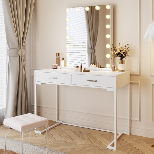 Simple Vanity Desk with Rectangle Mirror, 2 Drawers Small Makeup