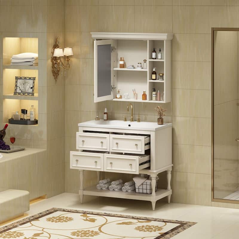 36 inch MDF Freestanding Bathroom Vanity Set with Integrated Resin Sink with Mirror cabinet