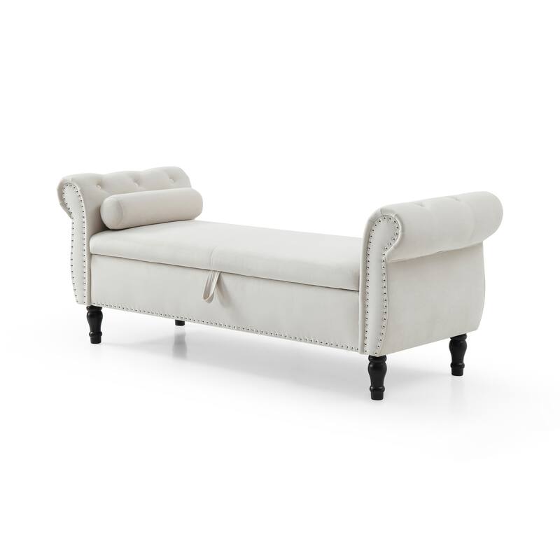 Elegant Beige Velvet Nailhead Trim Storage Ottoman Bench - Beige - Large