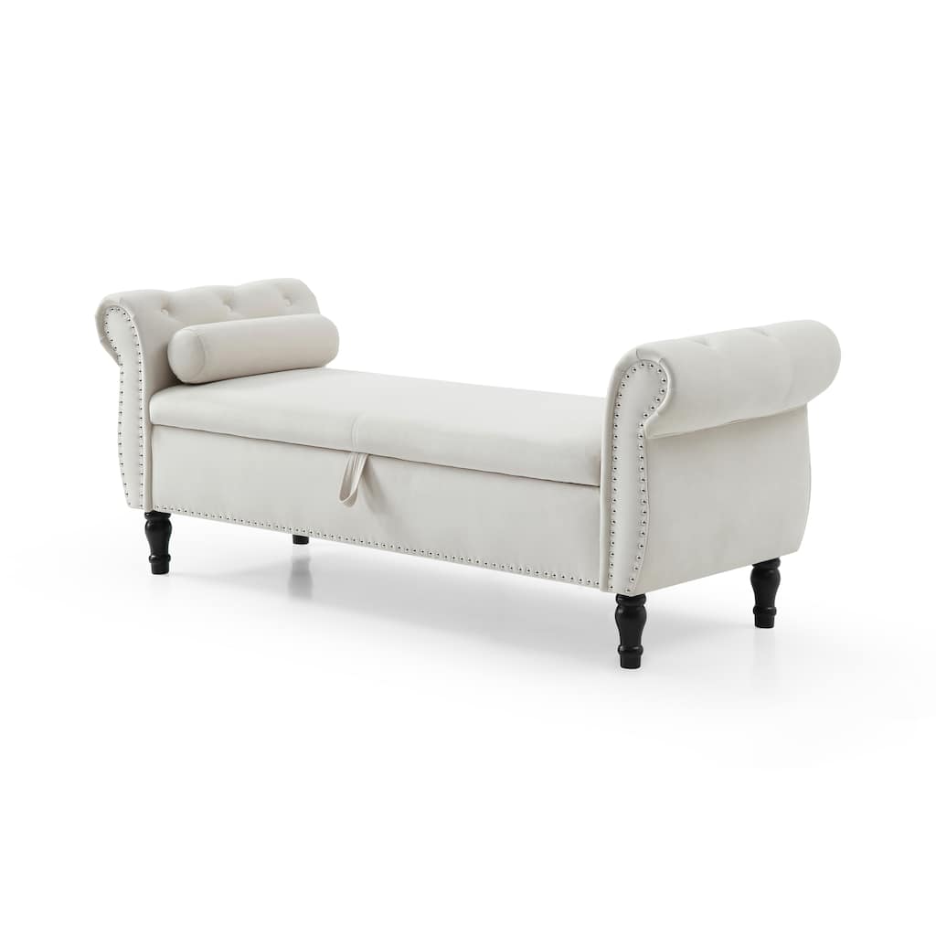 Elegant Beige Velvet Nailhead Trim Storage Ottoman Bench