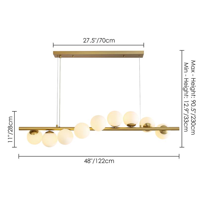 9-Light Modern Linear Cluster Frosted Glass Globe Chandelier in Gold Finish, Dining Room Light