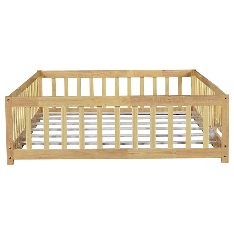 Roomfitters Full Size Floor Bed with Surround Fence & Swing Door, Rubber Wood Floor Platform Bed with Guardrail & Slat, Natural
