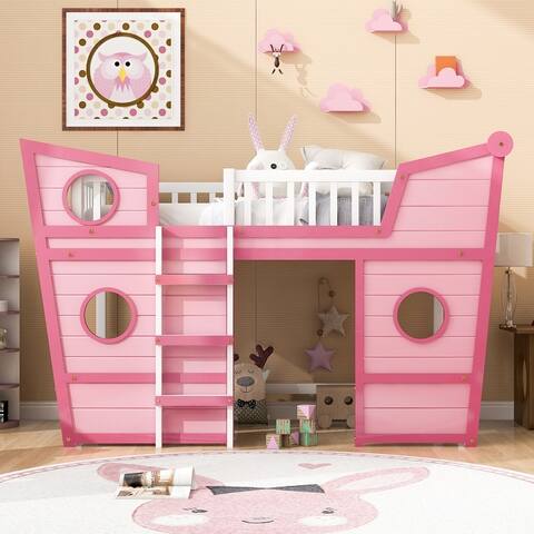 Fun Design Twin Size Boat Shape Loft Bed with Ladder, with Superior Quality Solid Pine Wood Bed Frame Suitable for Bedroom