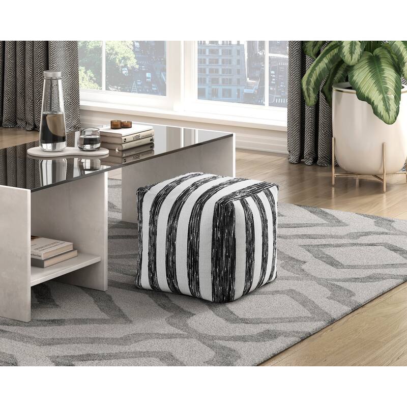 Modern Pouf Black and White Striped Fabric Upholstered Ottoman, Non-Slip Floor Pouf, Bean Bag Chair, 1pc Sitting Pouf - Black White