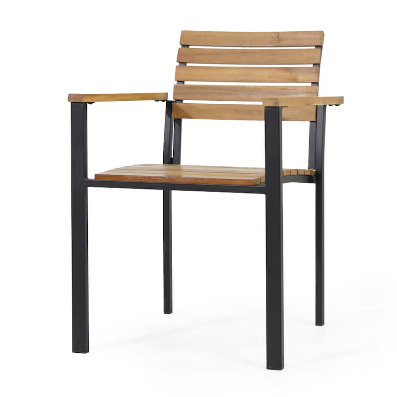Laris Acacia Wood and Metal Chair Set Teak Black Modern Outdoor Dining Patio Furniture