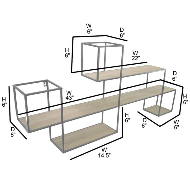 Admired By Nature White Oak Wood Offset Wall-Mounted Metal Hanging Storage Floating Shelves, Black,