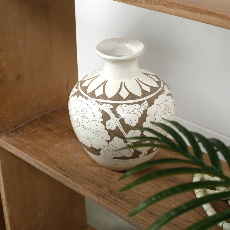 Artissance 12.6" Tall Amalfi Double Glazed Vase Small Opening With Flower Motif - 10.6" L x 10.6" W x 12.6" H