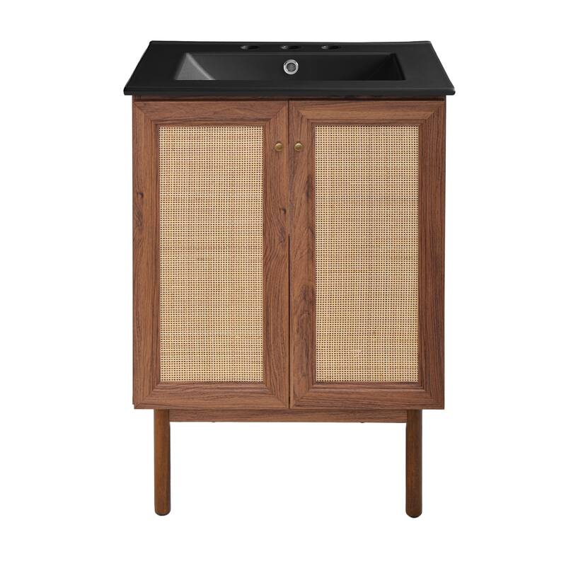 Classe 24 In. Brown Oak Bathroom Vanity With Black, 3-Hole Ceramic Sink Top