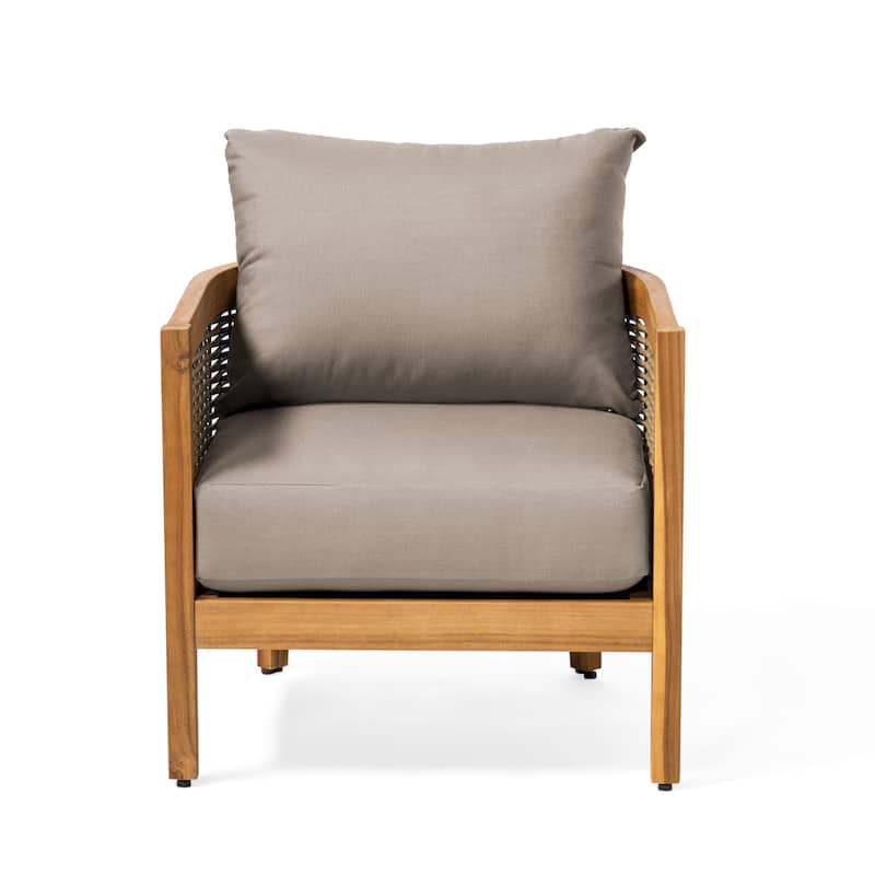 Burchett Outdoor Acacia Wood and Wicker 4 Seater Chat Set with Cushions by Christopher Knight Home