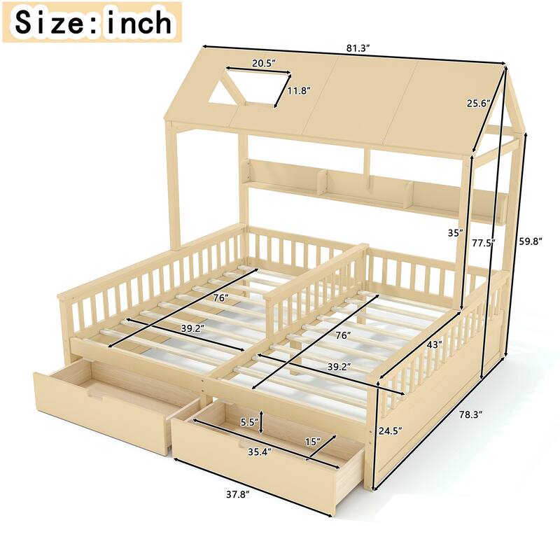 Double Twin Platform Bed with Storage Shelves and Drawers, House Platform Bed with Support Slats, Childlike