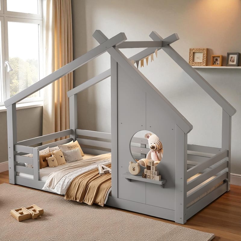 Twin/Full Size Solid Wood House Floor Bed with Window and Shelf, Montessori Low Bed Frame for Kids, No Box Spring Needed