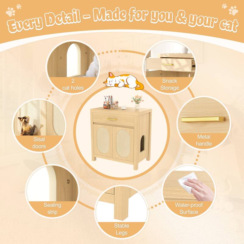 Cat Litter Box Enclosure, Hidden Cat Litter Box Furniture with Scratching Board Doors and Storage Drawer