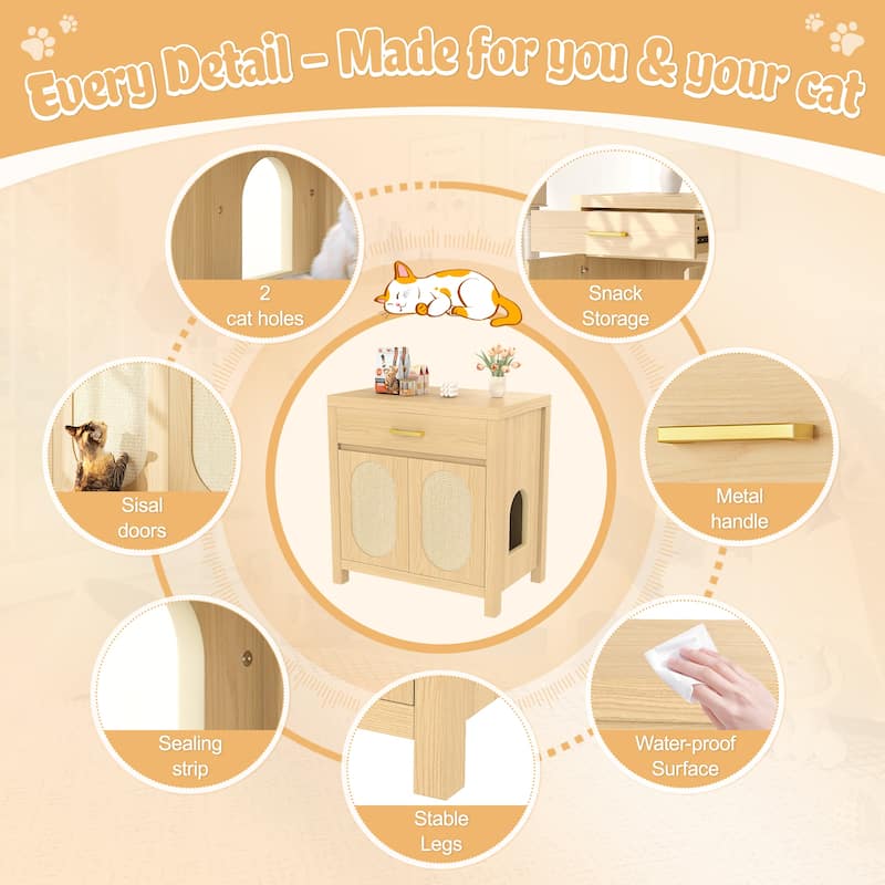 Hidden Cat Litter Box Enclosure Furniture with Scratching Board Doors & Storage Drawer - Wooden Cat House Table