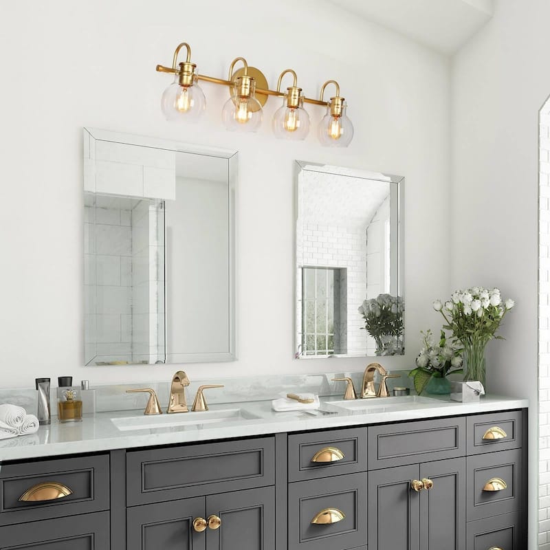 Modern Glam 4-Light Linear Bathroom Vanity Light Gold Metal Wall Sconces with Clear Glass