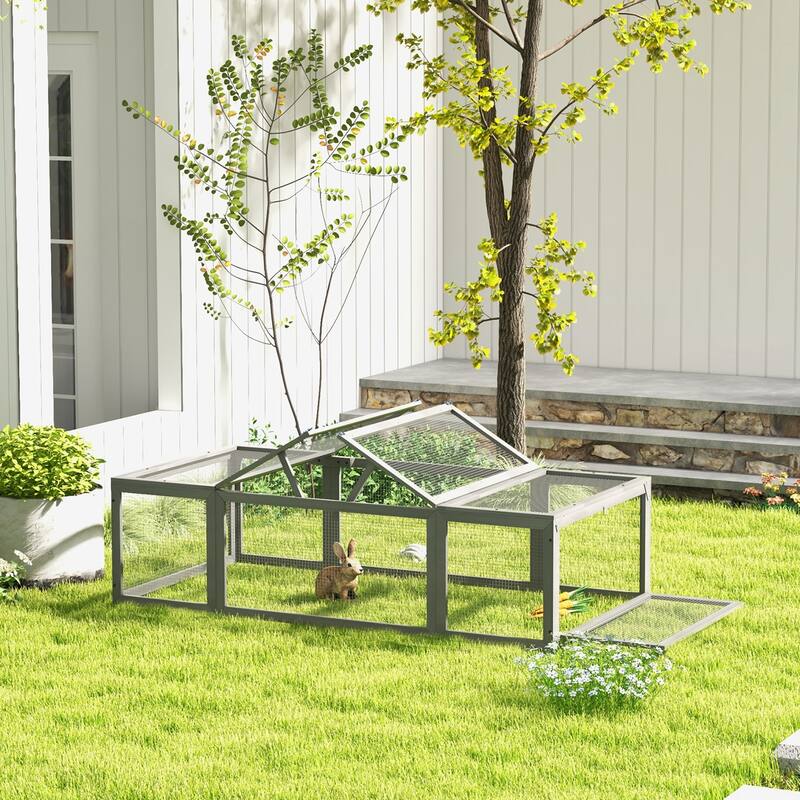 Grey Fir Wood Bunny Hutch with Large Run and Metal Wire Space for Small Pets - 70.75" L x 35.5" W x 19" H