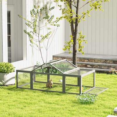 Grey Fir Wood Bunny Hutch with Large Run and Metal Wire Space for Small Pets - 70.75" L x 35.5" W x 19" H