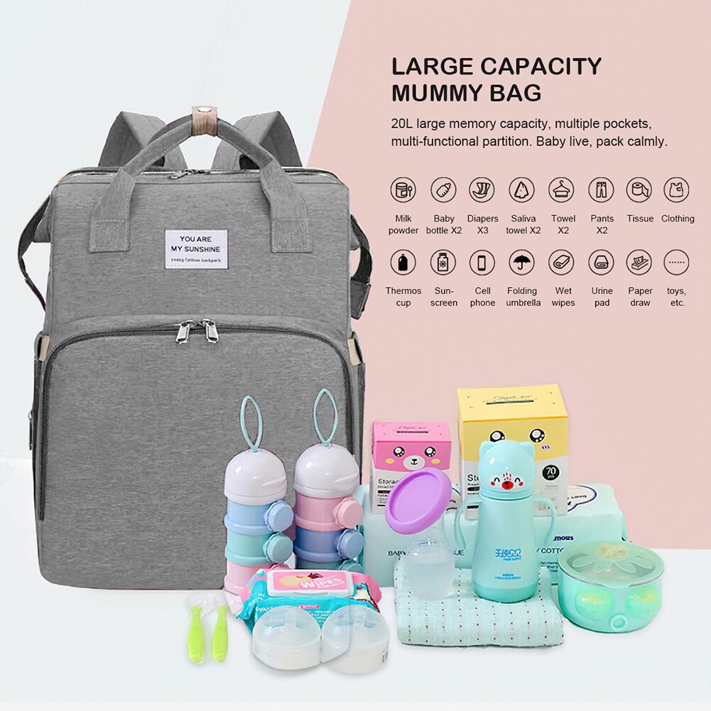Multifunctional Waterproof Backpack Diaper Bags with Foldable Crib