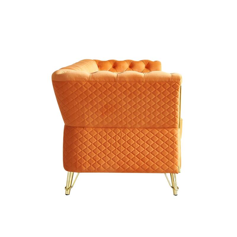 Tufted Velvet Sofa 87.4" - Flared Arms, Golden Frame