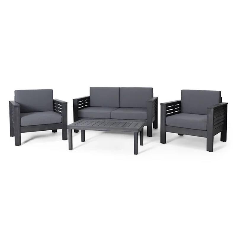 4 Pieces Patio Conversation Set Outdoor Acacia Wood Loveseat Sofa and Coffee Table Set with Cushions - Gray