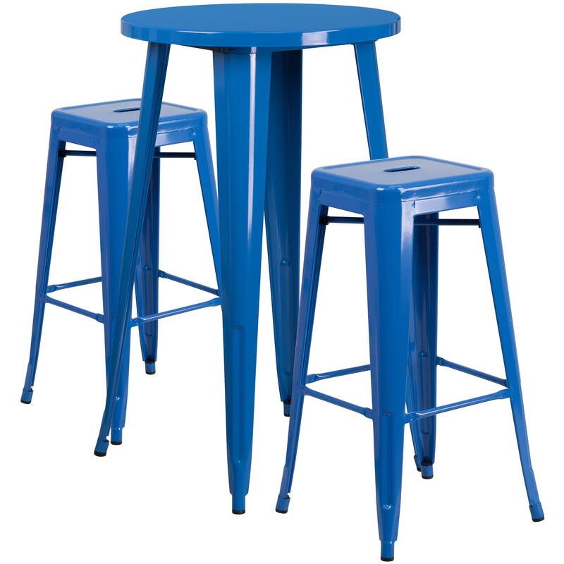 24'' Round Metal Indoor-Outdoor Bar Table Set with 2 Square Seat Backless Stools