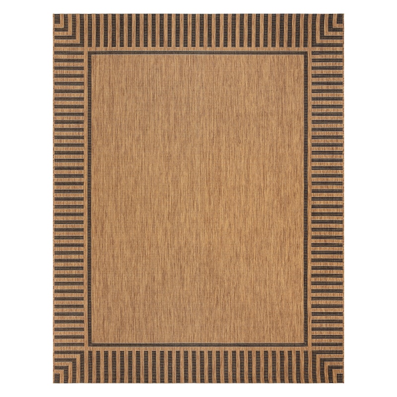 Gertmenian Paseo Kiano Modern Stripe Border Polypropylene Flatweave Indoor/ Outdoor Area Rug - 7'10"x10' - Chestnut/ Black