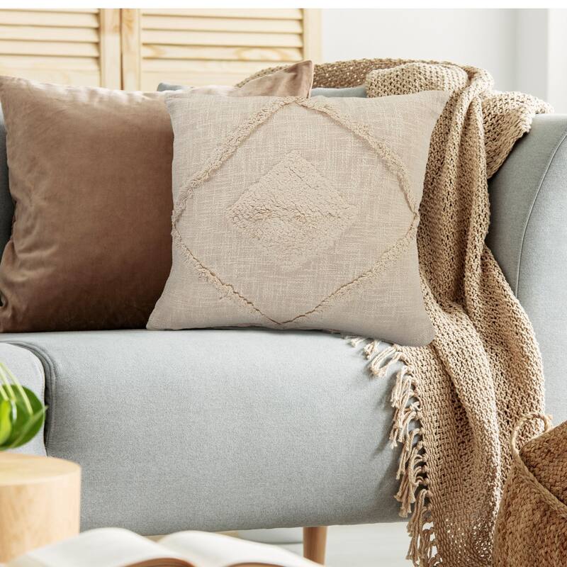20" Beige Hand Woven Diamond Tufted Square Throw Pillow