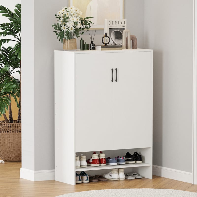 Rossetta 7-Tier Hidden Narrow Shoe Cabinet with ith Adjustable Shelves and Doors - White