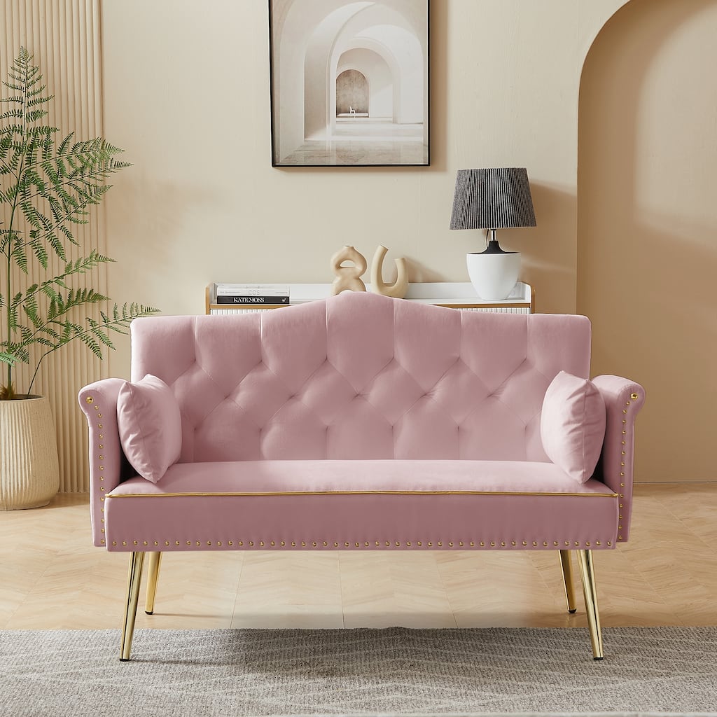 Contemporary 2-Seater Sofa with Tufted Design, Velvet Fabric, and Metal Legs